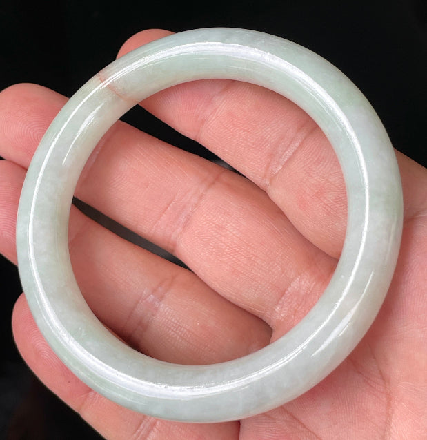 Princess cut profile of 55.8mm icy white and apple green Burmese jade bangle JB157