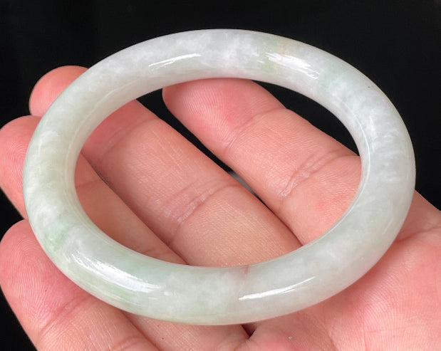 Princess cut profile of 55.8mm icy white and apple green Burmese jade bangle JB157