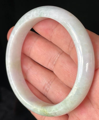 Rounded classic profile of 58.9mm icy milky white and apple green Burmese jade bangle JB235