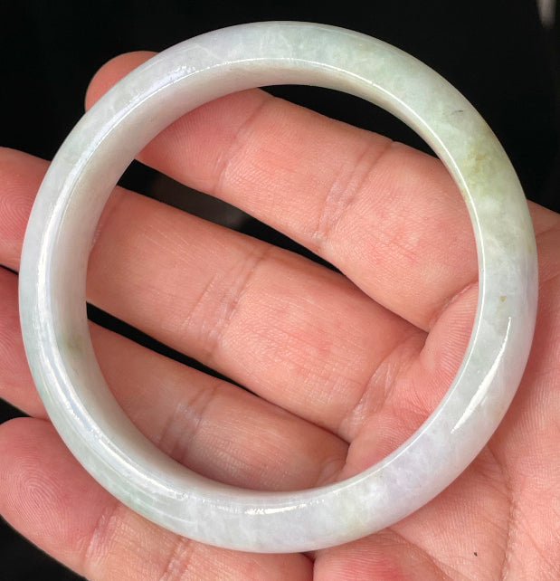 Rounded classic profile of 58.9mm icy milky white and apple green Burmese jade bangle JB235