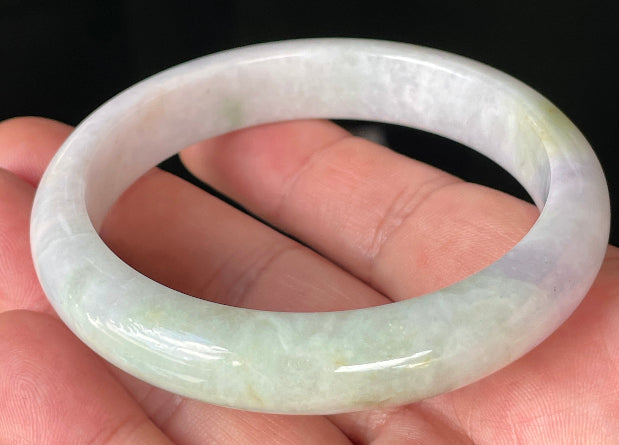 Rounded classic profile of 58.9mm icy milky white and apple green Burmese jade bangle JB235