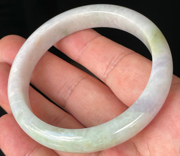 Rounded classic profile of 58.9mm icy milky white and apple green Burmese jade bangle JB235
