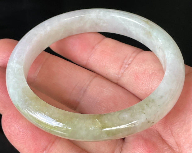 Rounded classic profile of 58.8mm icy milky white and light apple green Burmese jade bangle JB237