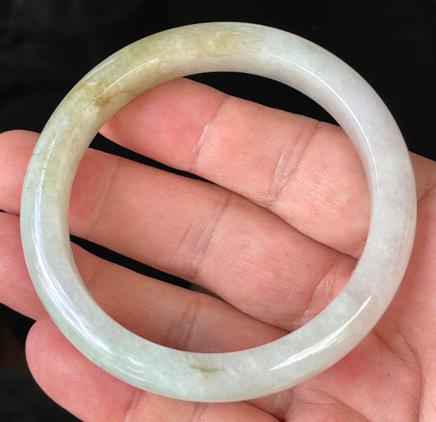 Rounded classic profile of 58.8mm icy milky white and light apple green Burmese jade bangle JB237