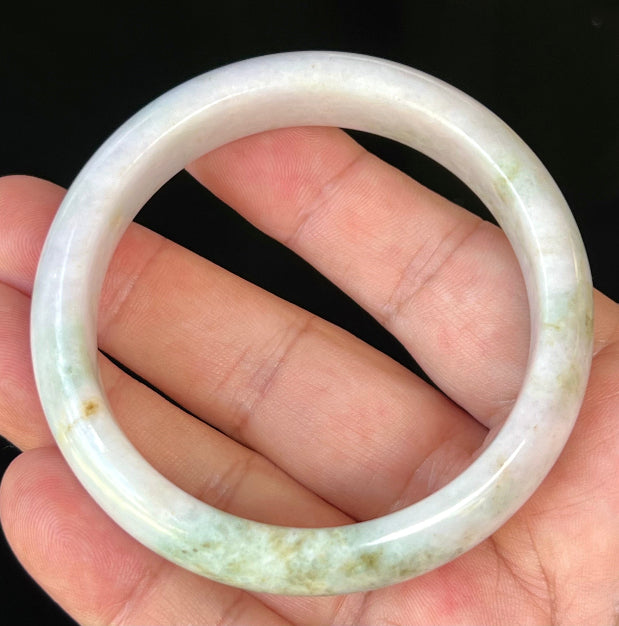 Rounded classic profile of 58.6mm icy white and green Burmese jade bangle JB502
