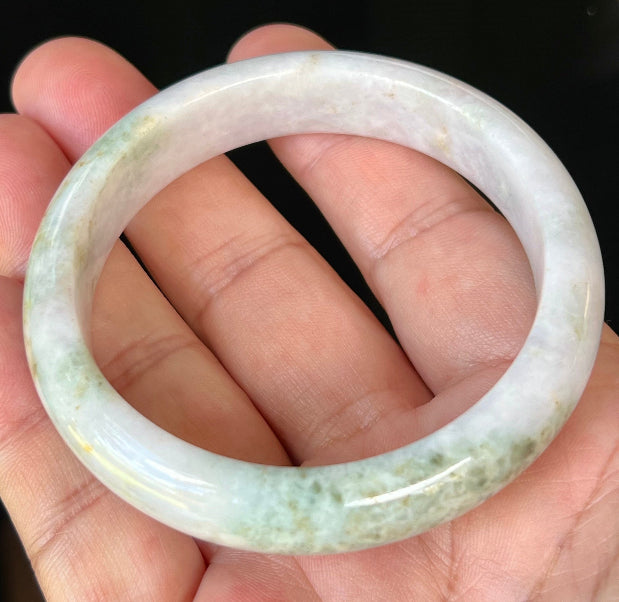 Rounded classic profile of 58.6mm icy white and green Burmese jade bangle JB502