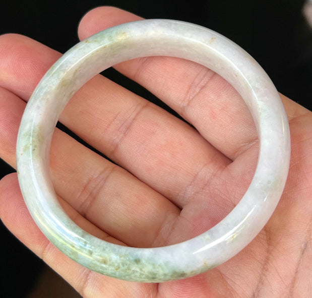Rounded classic profile of 58.6mm icy white and green Burmese jade bangle JB502