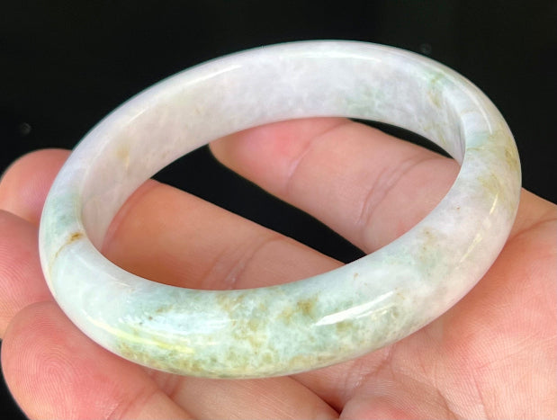 Rounded classic profile of 58.6mm icy white and green Burmese jade bangle JB502