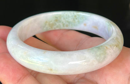 Rounded classic profile of 58.6mm icy white and green Burmese jade bangle JB502