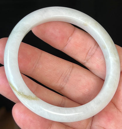Rounded classic profile of 58.4mm icy white and green Burmese jade bangle JB508