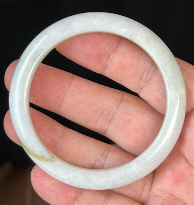 Rounded classic profile of 58.4mm icy white and green Burmese jade bangle JB508
