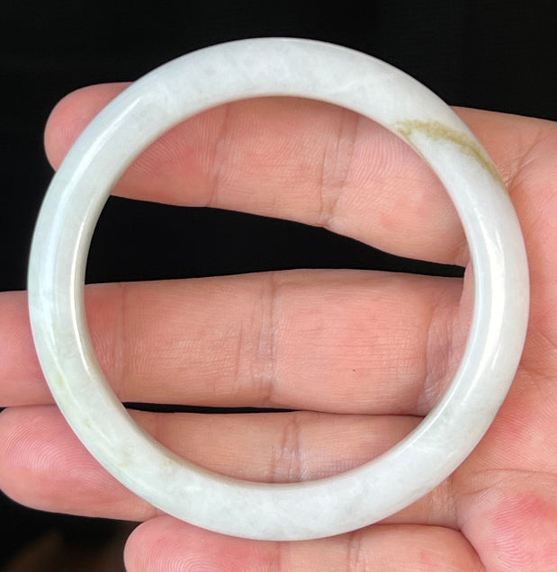 Rounded classic profile of 58.4mm icy white and green Burmese jade bangle JB508