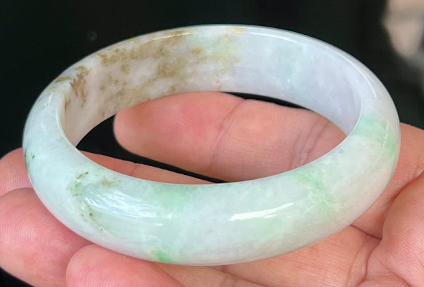 Rounded classic profile of 56.7mm icy white and green Burmese jade bangle JB527