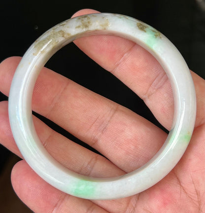 Rounded classic profile of 56.7mm icy white and green Burmese jade bangle JB527
