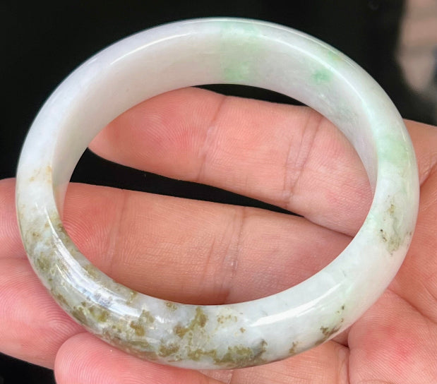 Rounded classic profile of 56.7mm icy white and green Burmese jade bangle JB527