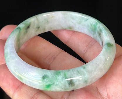 Rounded classic profile of 58.5mm icy white, lavender and green Burmese jade bangle JB505
