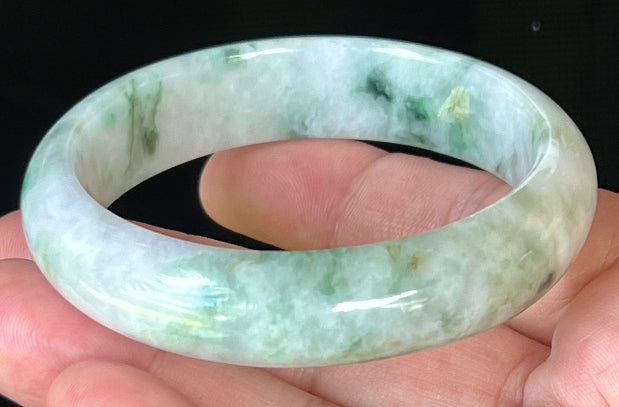 Rounded classic profile of 58.5mm icy white, lavender and green Burmese jade bangle JB505