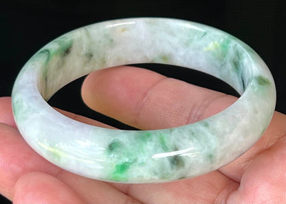 Rounded classic profile of 58.5mm icy white, lavender and green Burmese jade bangle JB505