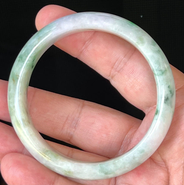 Rounded classic profile of 58.5mm icy white, lavender and green Burmese jade bangle JB505