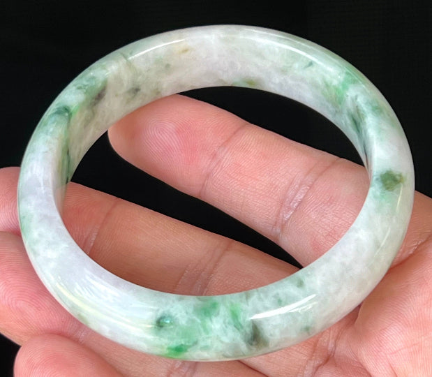 Rounded classic profile of 58.5mm icy white, lavender and green Burmese jade bangle JB505