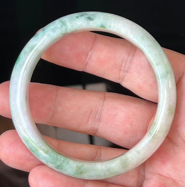 Rounded classic profile of 58.5mm icy white, lavender and green Burmese jade bangle JB505