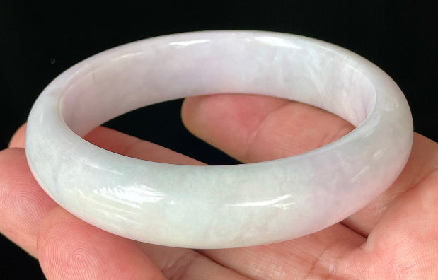 Flat inner and round outer edges of 58.5mm icy milky white, lavender, and apple green Burmese jade bangle JB829