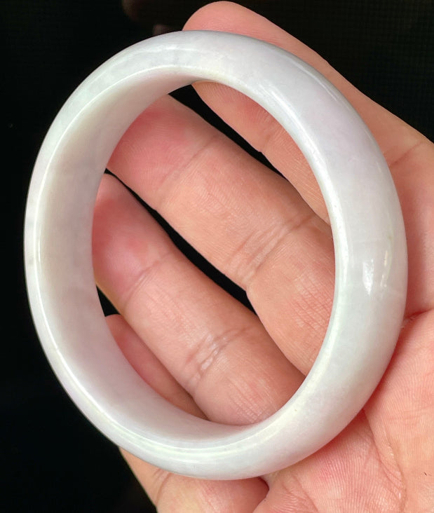 Flat inner and round outer edges of 58.5mm icy milky white, lavender, and apple green Burmese jade bangle JB829
