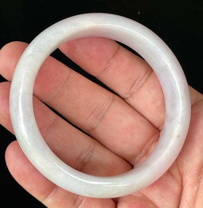 Flat inner and round outer edges of 58.5mm icy milky white, lavender, and apple green Burmese jade bangle JB829