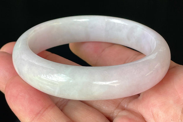 Flat inner and round outer edges of 58.5mm icy milky white, lavender, and apple green Burmese jade bangle JB829