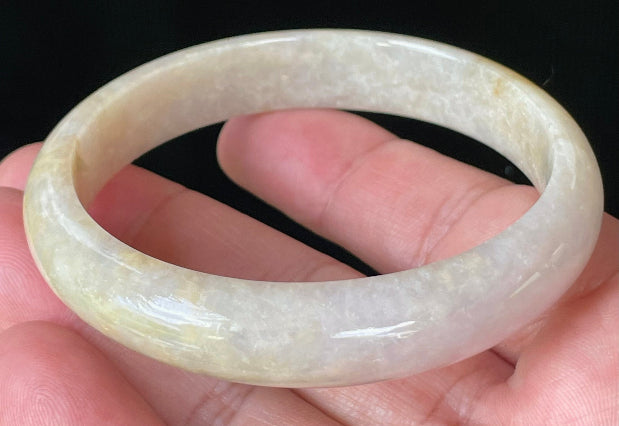 Flat inner and round outer edges of 59.5mm icy yellow, honey, and milky white Burmese jade bangle JB926