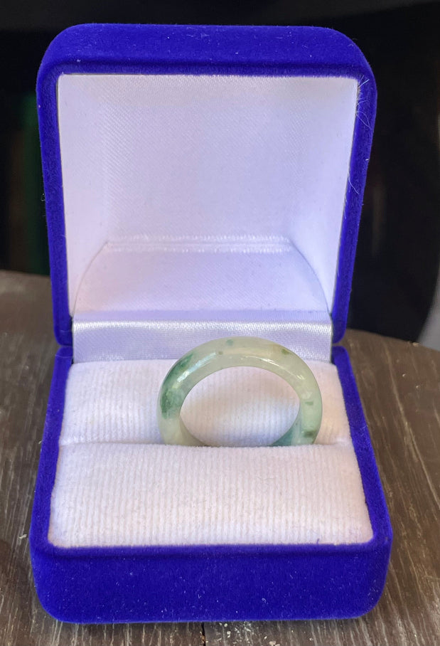 Solid imperial apple green and icy white natural Type A Burmese jade ring band in size US 8