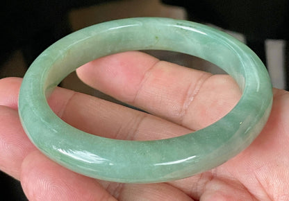 Flat inner and round outer edges of 58.5mm icy apple and imperial green Burmese jade bangle JB922