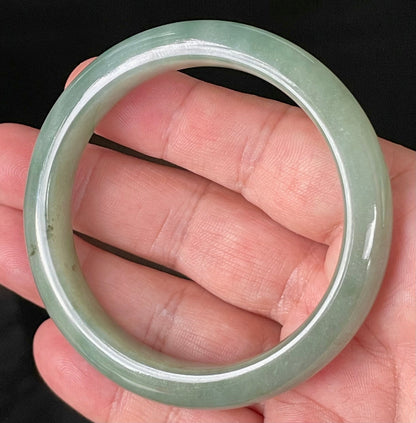 Flat inner and round outer edges of 58.5mm icy apple and imperial green Burmese jade bangle JB922