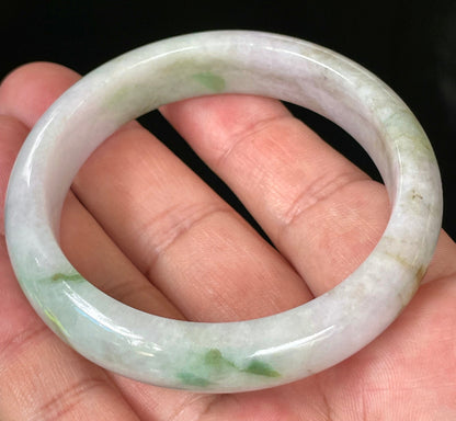 Flat inner and round outer edges of 54.5mm icy imperial green, moss green, and greyish white Burmese jade bangle JB031