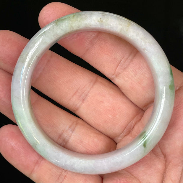 Flat inner and round outer edges of 54.5mm icy imperial green, moss green, and greyish white Burmese jade bangle JB031