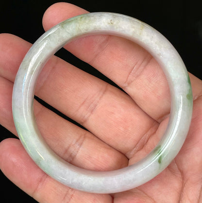 Flat inner and round outer edges of 54.5mm icy imperial green, moss green, and greyish white Burmese jade bangle JB031