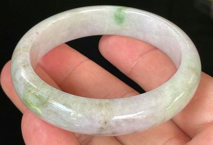 Flat inner and round outer edges of 54.5mm icy imperial green, moss green, and greyish white Burmese jade bangle JB031
