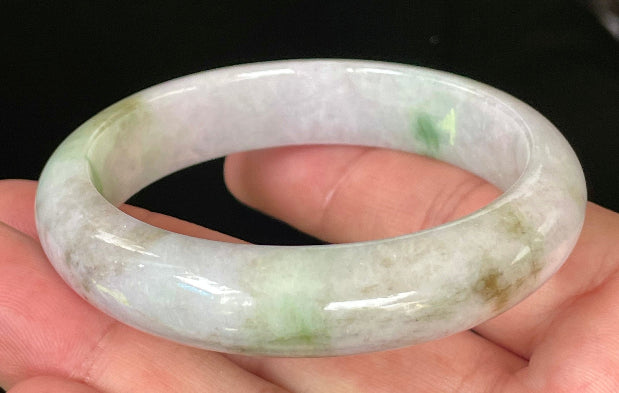 Flat inner and round outer edges of 54.5mm icy imperial green, moss green, and greyish white Burmese jade bangle JB031
