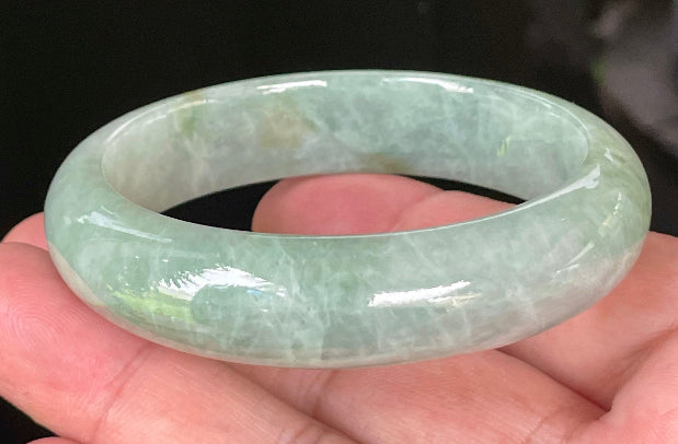 Flat inner and round outer edges of 55.5mm icy bluish apple green and greyish white Burmese jade bangle JB034