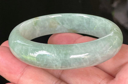Flat inner and round outer edges of 55.5mm icy bluish apple green and greyish white Burmese jade bangle JB034