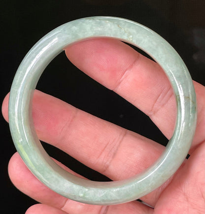 Flat inner and round outer edges of 55.5mm icy bluish apple green and greyish white Burmese jade bangle JB034
