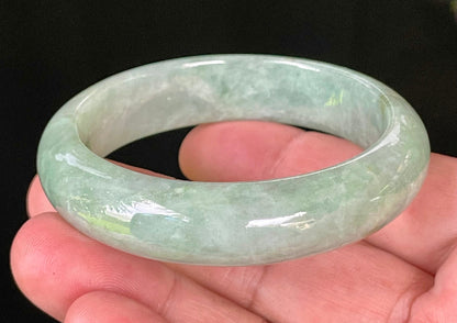 Flat inner and round outer edges of 55.5mm icy bluish apple green and greyish white Burmese jade bangle JB034