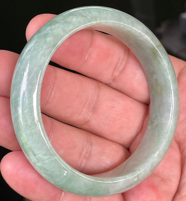 Flat inner and round outer edges of 55.5mm icy bluish apple green and greyish white Burmese jade bangle JB034