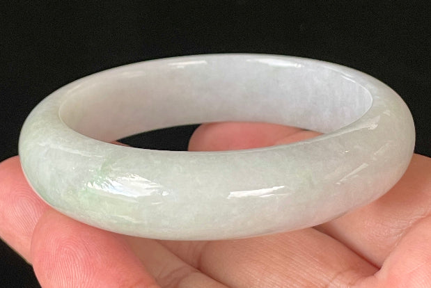 Flat inner and round outer edges of 55.5mm icy light apple green and milky white Burmese jade bangle JB900