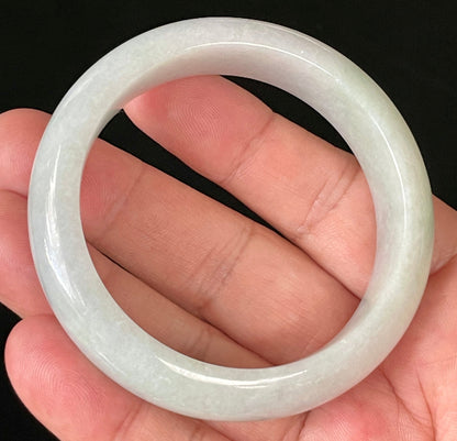 Flat inner and round outer edges of 55.5mm icy light apple green and milky white Burmese jade bangle JB900