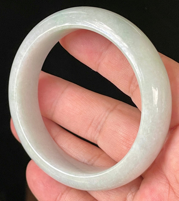 Flat inner and round outer edges of 55.5mm icy light apple green and milky white Burmese jade bangle JB900