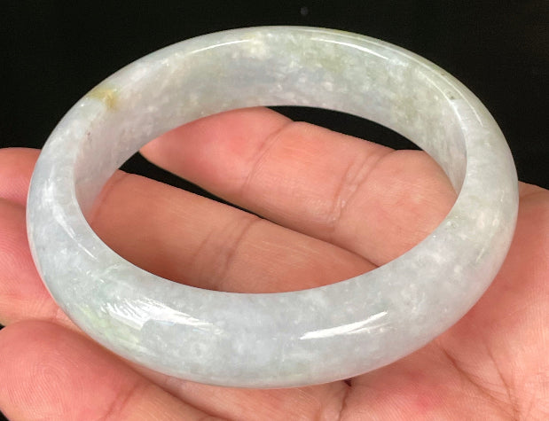 Flat inner and round outer edges of 58.3mm icy lavender, white, and green Burmese jade bangle JB054