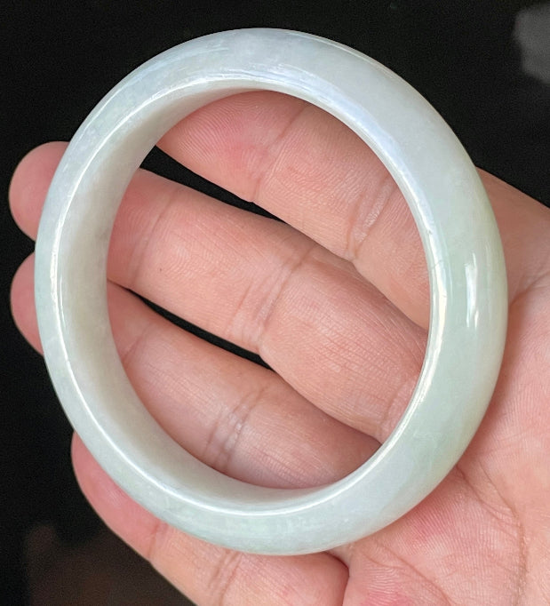 Flat inner and round outer edges of 58.5mm icy greyish white and apple green Burmese jade bangle JB910