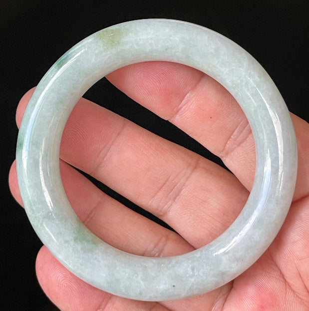 Rounded inner and outer edges of 52mm icy white, grey, and green Burmese jade bangle JB913