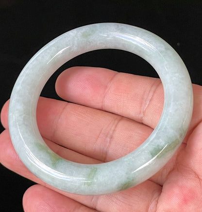 Rounded inner and outer edges of 52mm icy white, grey, and green Burmese jade bangle JB913